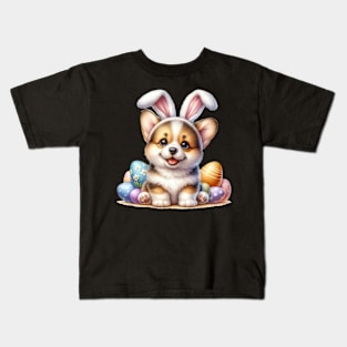 Puppy Corgi Bunny Ears Easter Eggs Happy Easter Day Kids T-Shirt